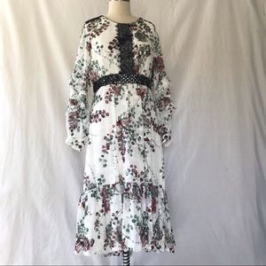 TAYLOR | Ivory Floral Dress Midi Prairie Boho Black Lace Ruffled Size 14